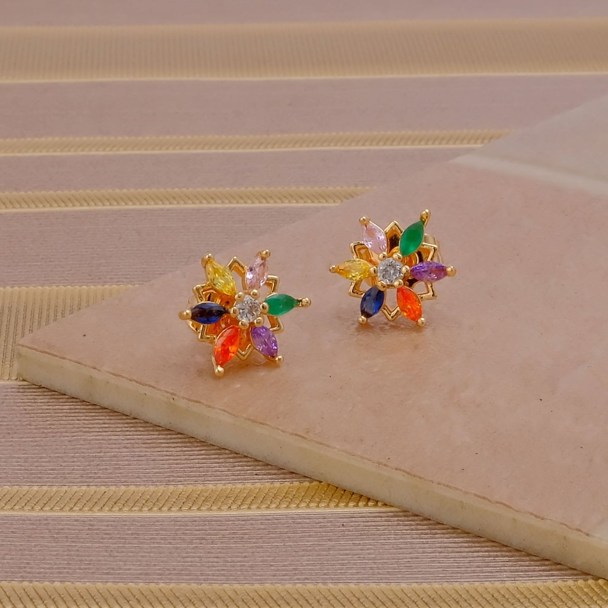 Multi Stone Earrings Tiny Gold Plated Floral Studs