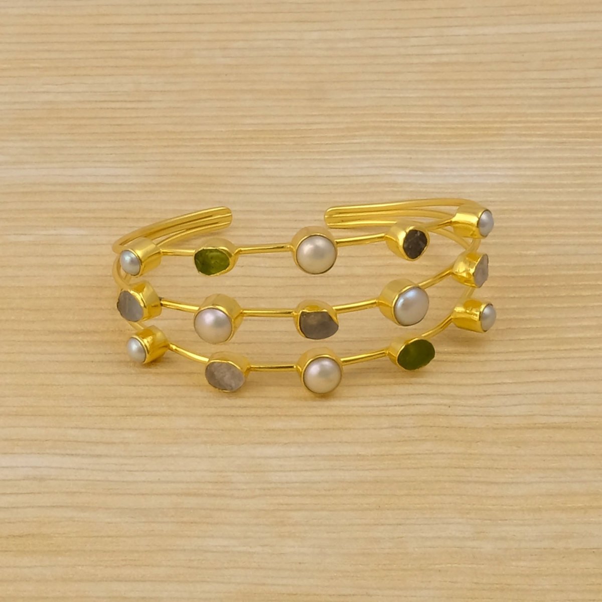 Multi - Stone Raw Gemstone Cuff Bangle, 3 - Tier Gold Plated Statement Bangle 3501