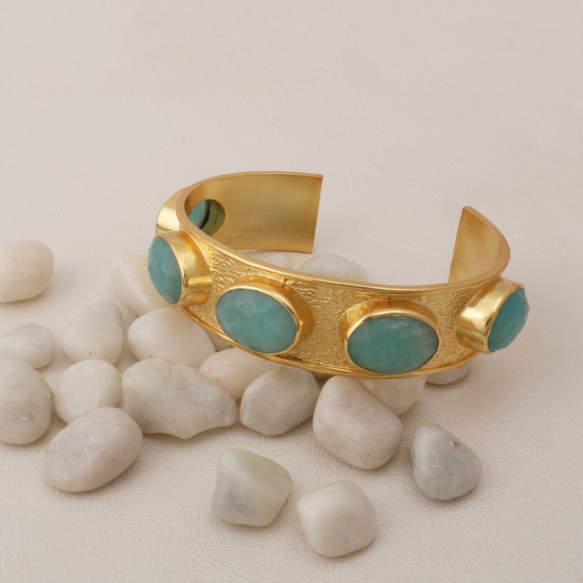 Natural Amazonite Gold - Plated Cuff Bracelet | Oval Gemstone Bangle 5440