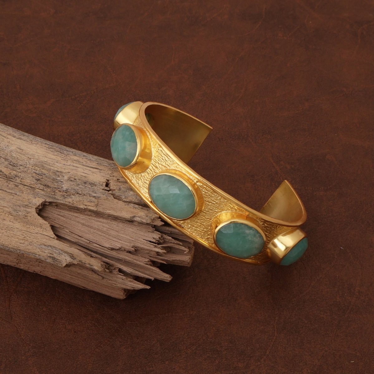 Natural Amazonite Gold - Plated Cuff Bracelet | Oval Gemstone Bangle 5440