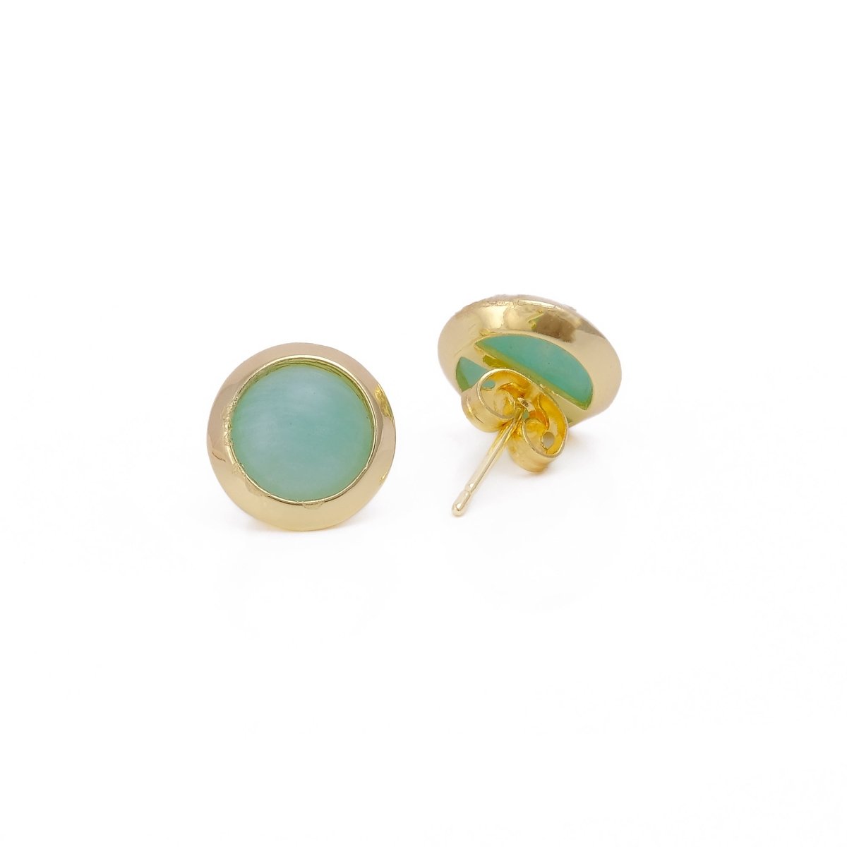 Natural Amazonite Round Stud Earrings, Gold Plated Jewelry CE - 1002