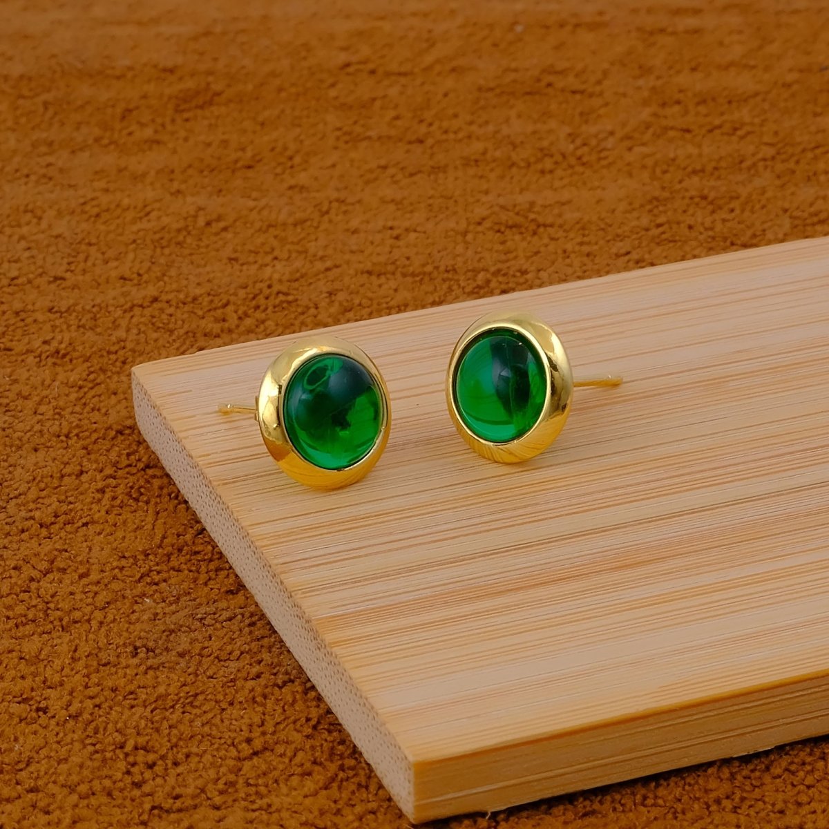 Natural Amazonite Round Stud Earrings, Gold Plated Jewelry CE - 1002