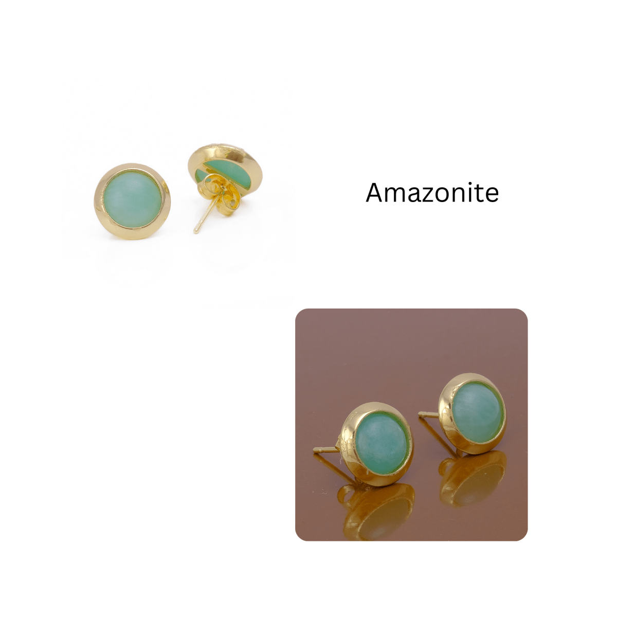Natural Amazonite Round Stud Earrings, Gold Plated Jewelry CE - 1002