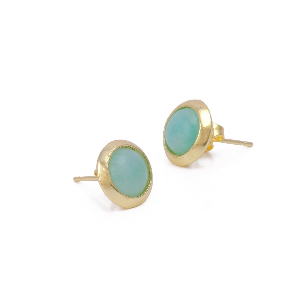 Natural Amazonite Round Stud Earrings, Gold Plated Jewelry CE - 1002