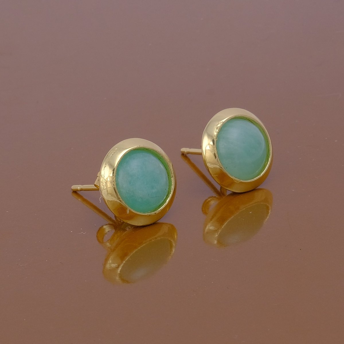 Natural Amazonite Round Stud Earrings, Gold Plated Jewelry CE - 1002