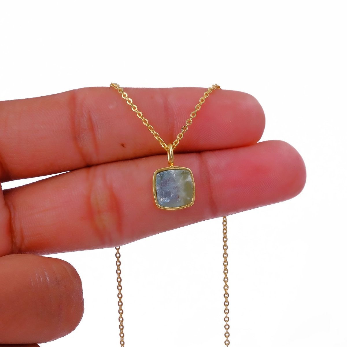 Natural Aquamarine Minimalist Necklace, Cushion Shape Anti Tarnish Pendant CN-1002