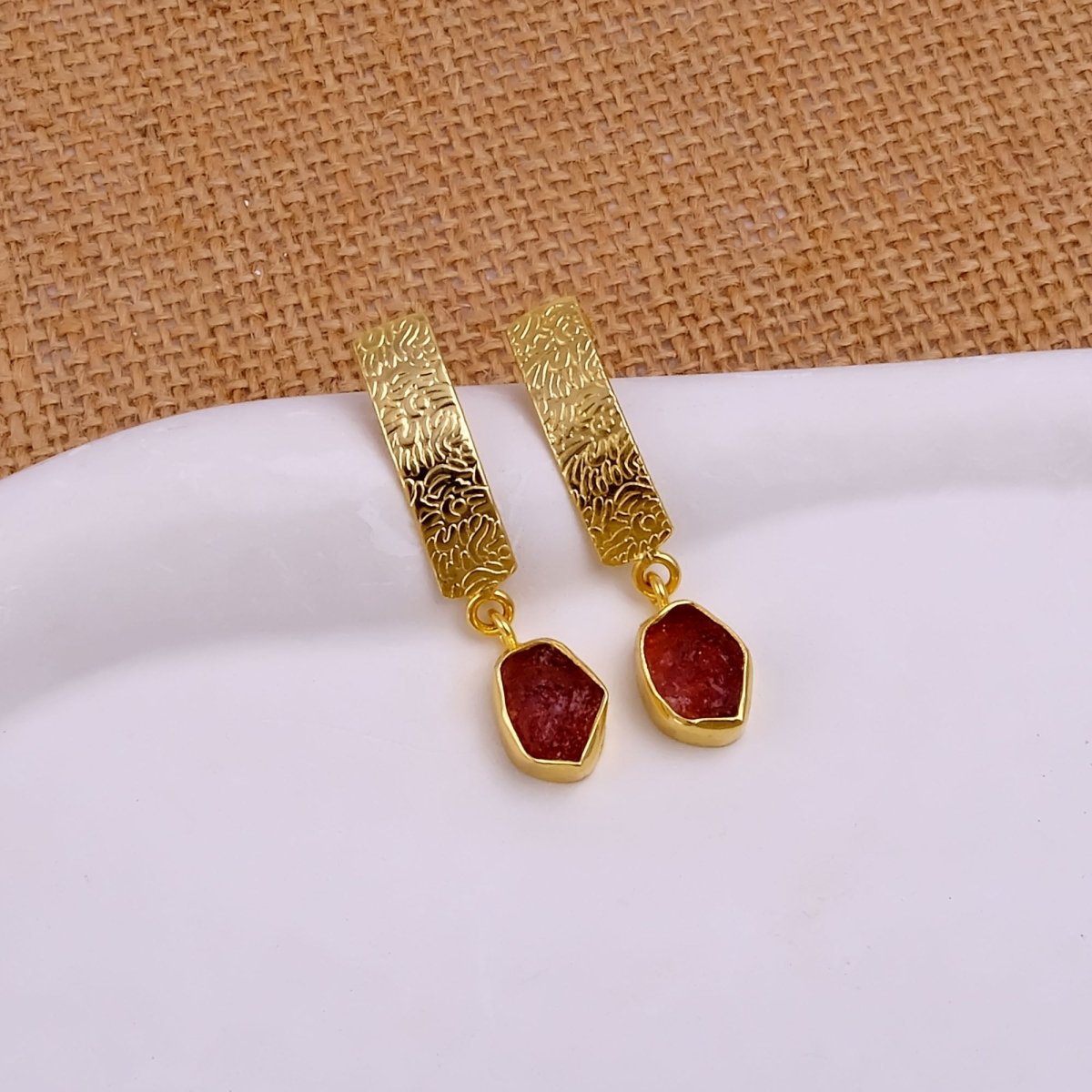 Natural Aquamarine Raw Stone Drop Earrings | Gold Plated Textured Brass Jewelry 5356