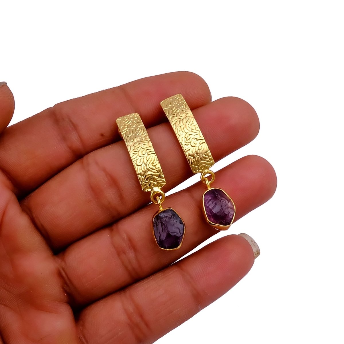 Natural Aquamarine Raw Stone Drop Earrings | Gold Plated Textured Brass Jewelry 5356