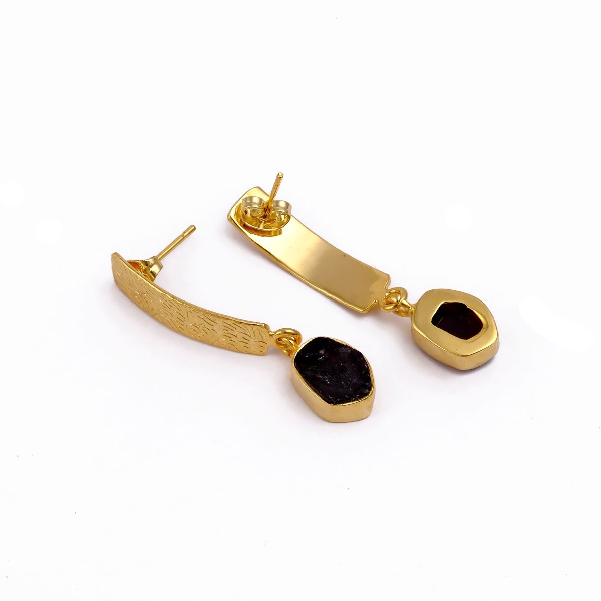 Natural Aquamarine Raw Stone Drop Earrings | Gold Plated Textured Brass Jewelry 5356