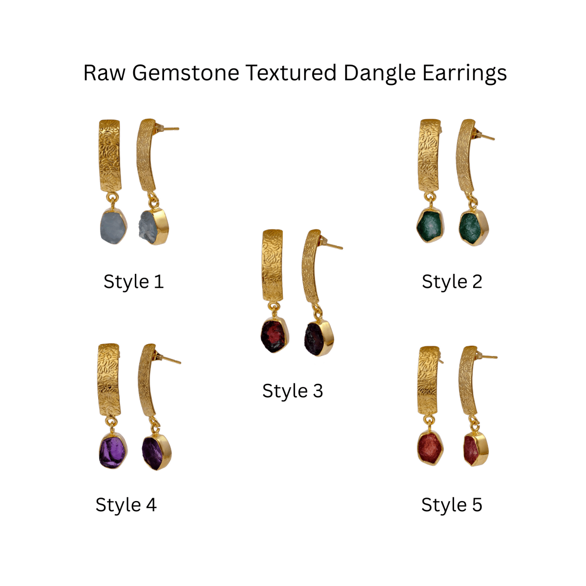 Natural Aquamarine Raw Stone Drop Earrings | Gold Plated Textured Brass Jewelry 5356
