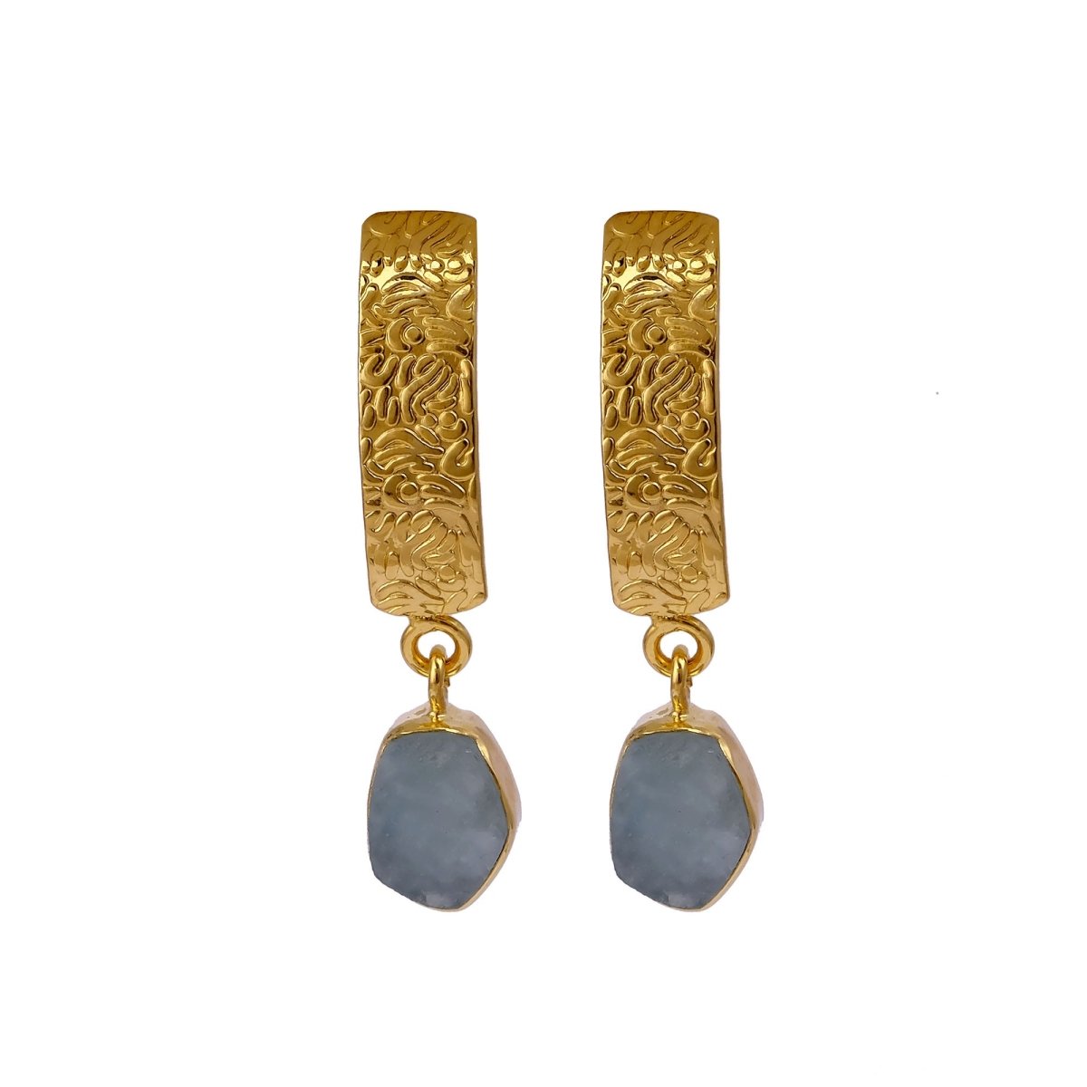 Natural Aquamarine Raw Stone Drop Earrings | Gold Plated Textured Brass Jewelry 5356