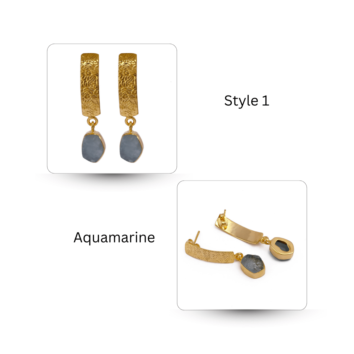 Natural Aquamarine Raw Stone Drop Earrings | Gold Plated Textured Brass Jewelry 5356