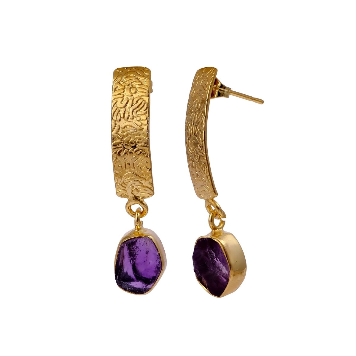 Natural Aquamarine Raw Stone Drop Earrings | Gold Plated Textured Brass Jewelry 5356