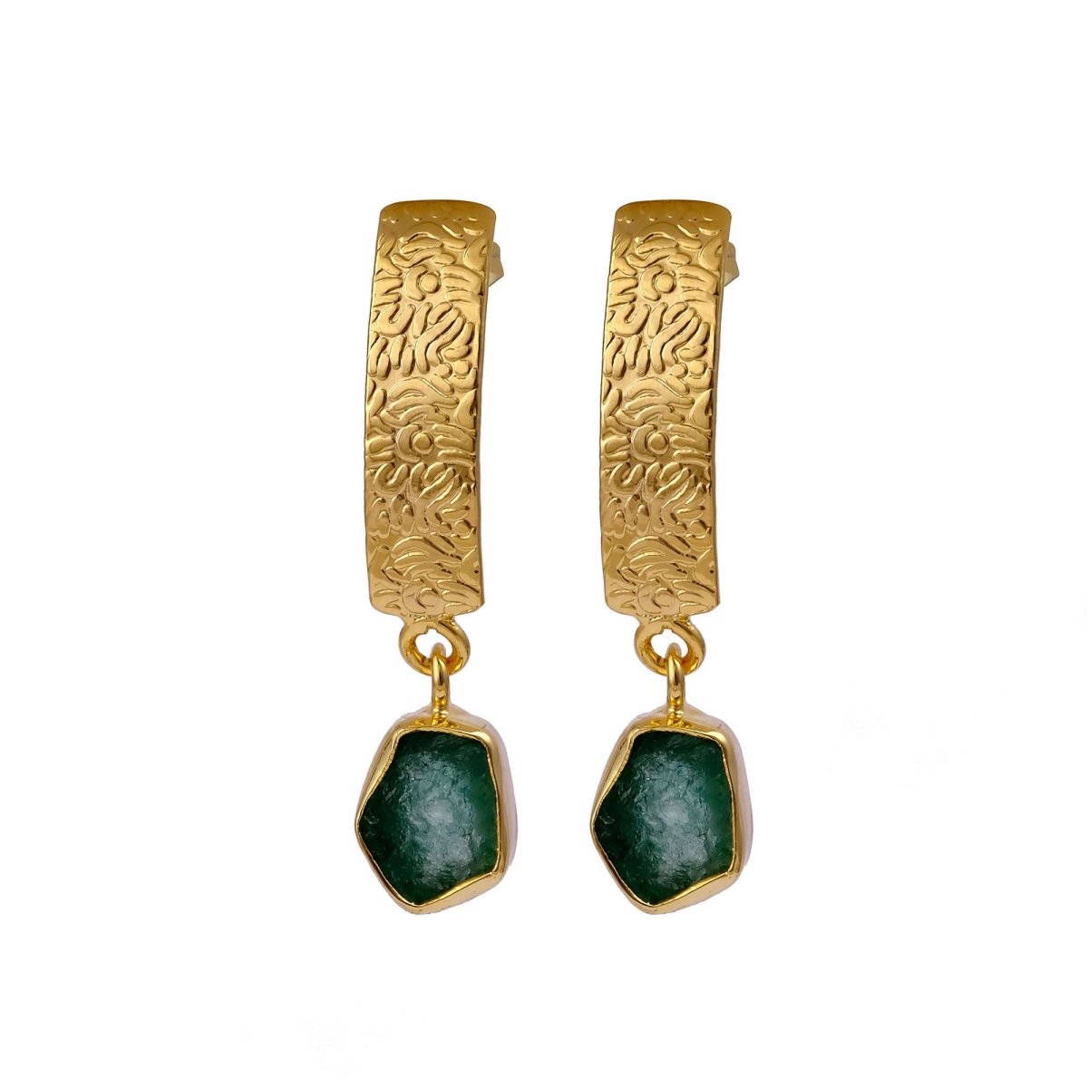 Natural Aquamarine Raw Stone Drop Earrings | Gold Plated Textured Brass Jewelry 5356