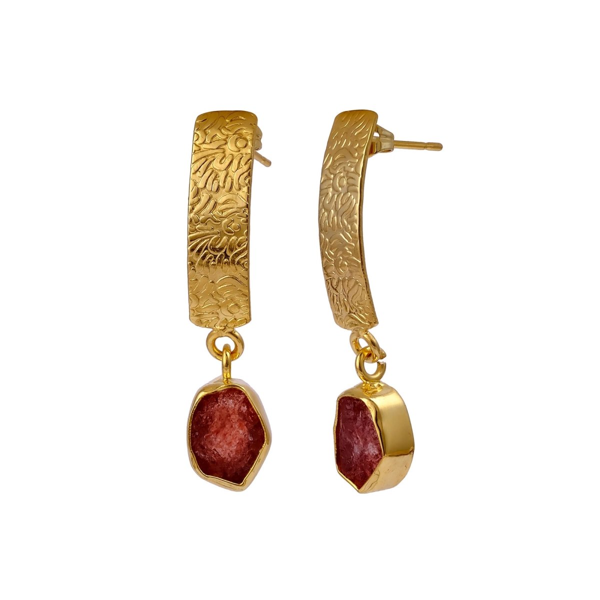 Natural Aquamarine Raw Stone Drop Earrings | Gold Plated Textured Brass Jewelry 5356