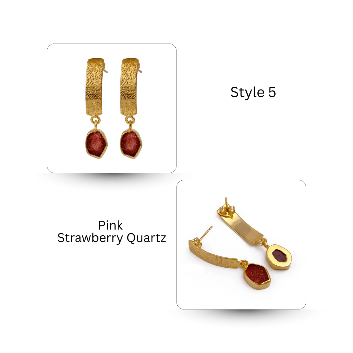 Natural Aquamarine Raw Stone Drop Earrings | Gold Plated Textured Brass Jewelry 5356 Pink Strawberry Quartz