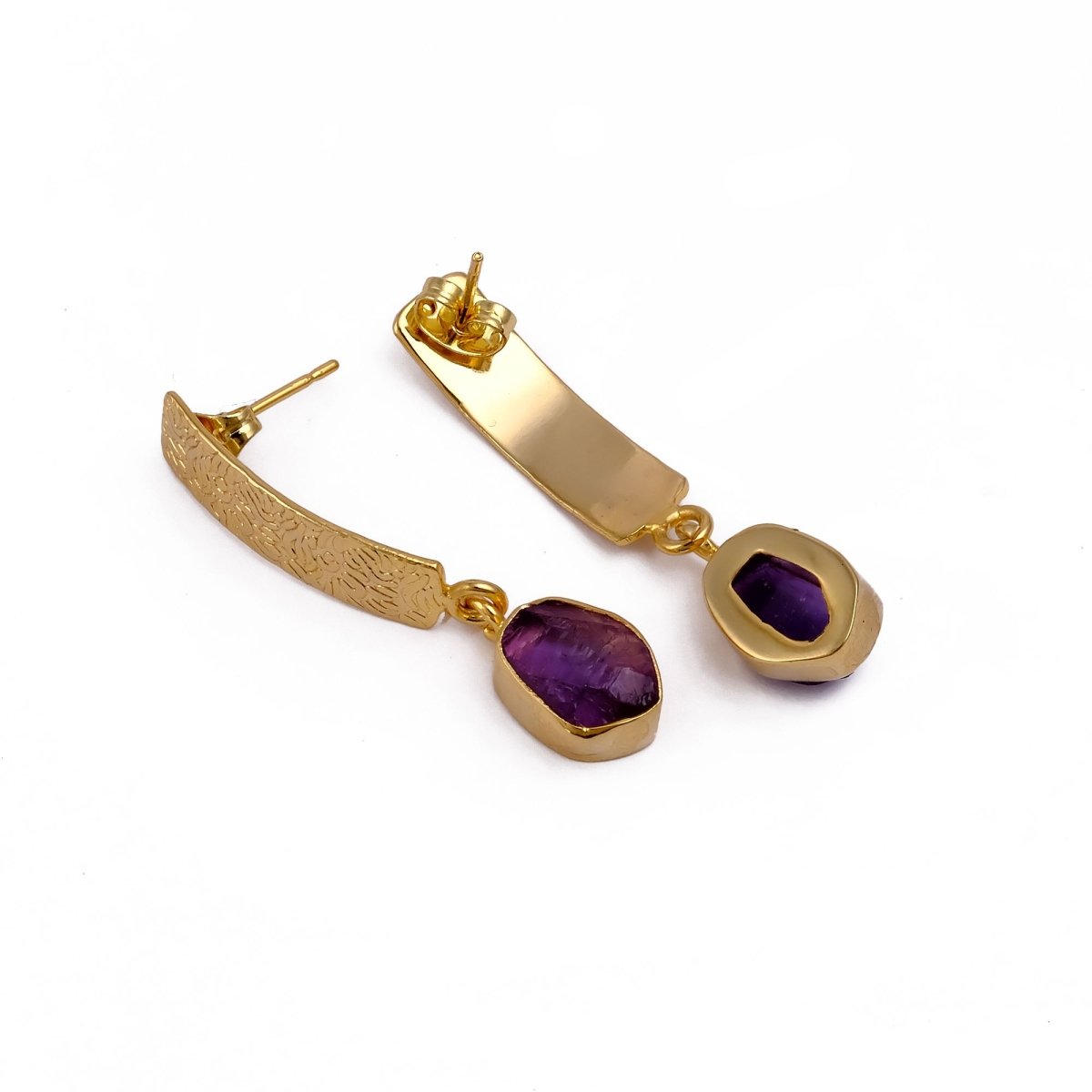 Natural Aquamarine Raw Stone Drop Earrings | Gold Plated Textured Brass Jewelry 5356