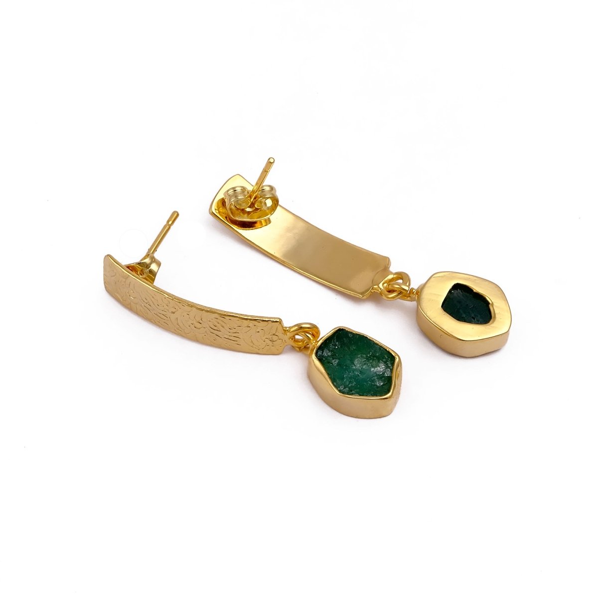Natural Aquamarine Raw Stone Drop Earrings | Gold Plated Textured Brass Jewelry 5356