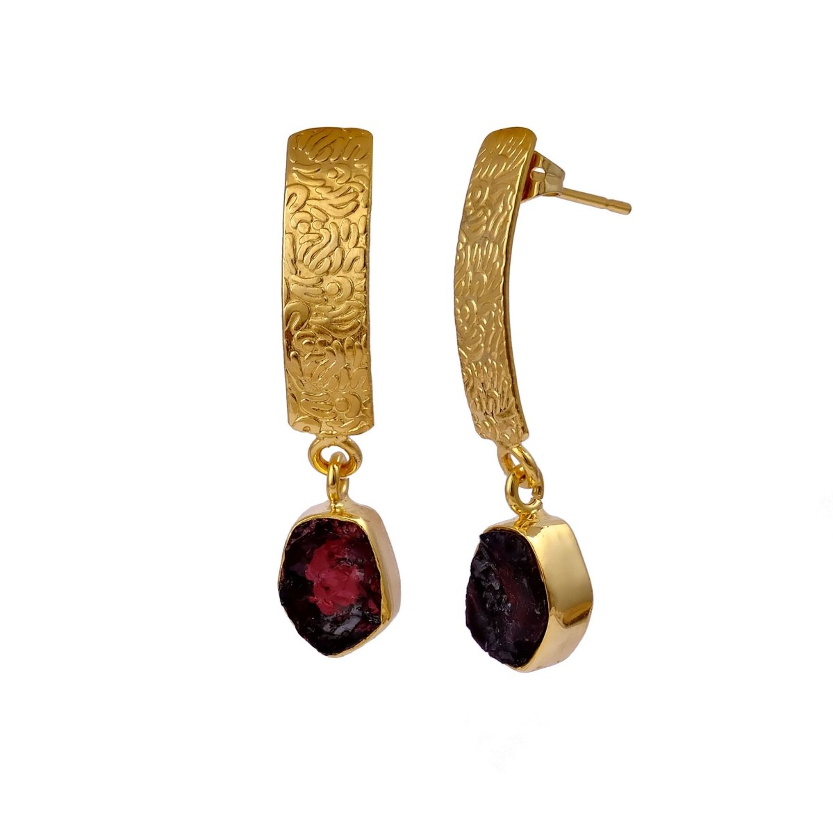 Natural Aquamarine Raw Stone Drop Earrings | Gold Plated Textured Brass Jewelry 5356