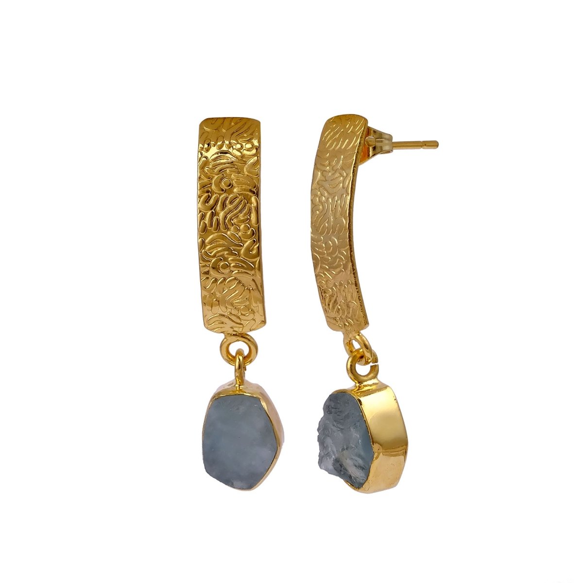 Natural Aquamarine Raw Stone Drop Earrings | Gold Plated Textured Brass Jewelry 5356
