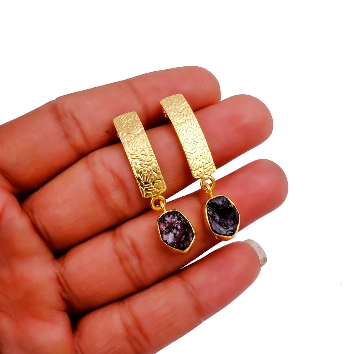 Natural Aquamarine Raw Stone Drop Earrings | Gold Plated Textured Brass Jewelry 5356