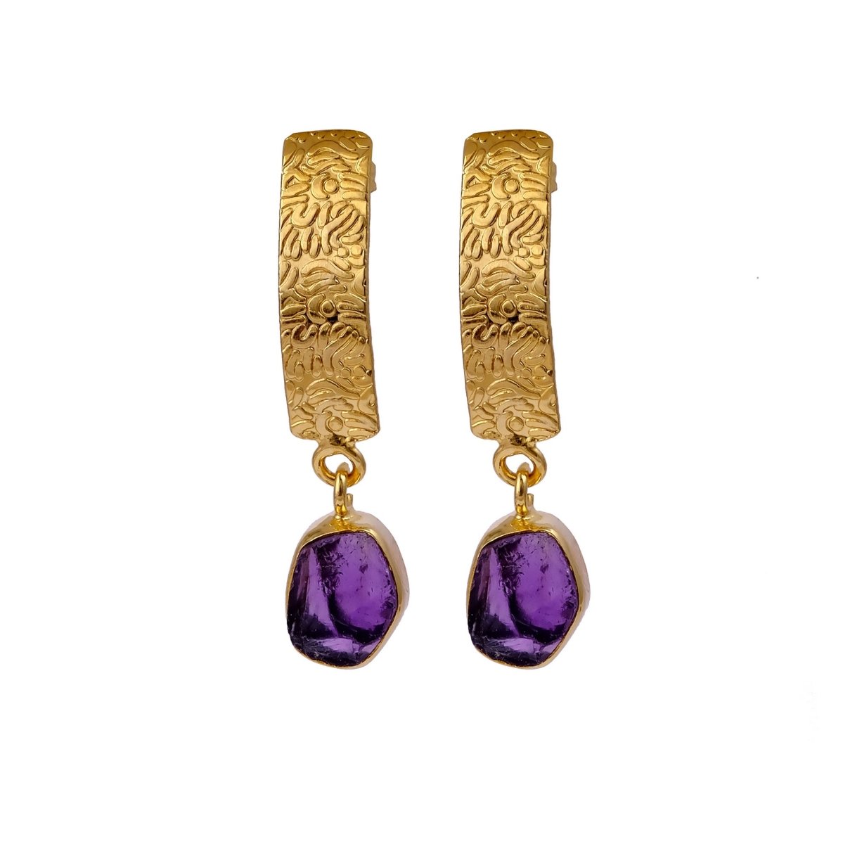 Natural Aquamarine Raw Stone Drop Earrings | Gold Plated Textured Brass Jewelry 5356