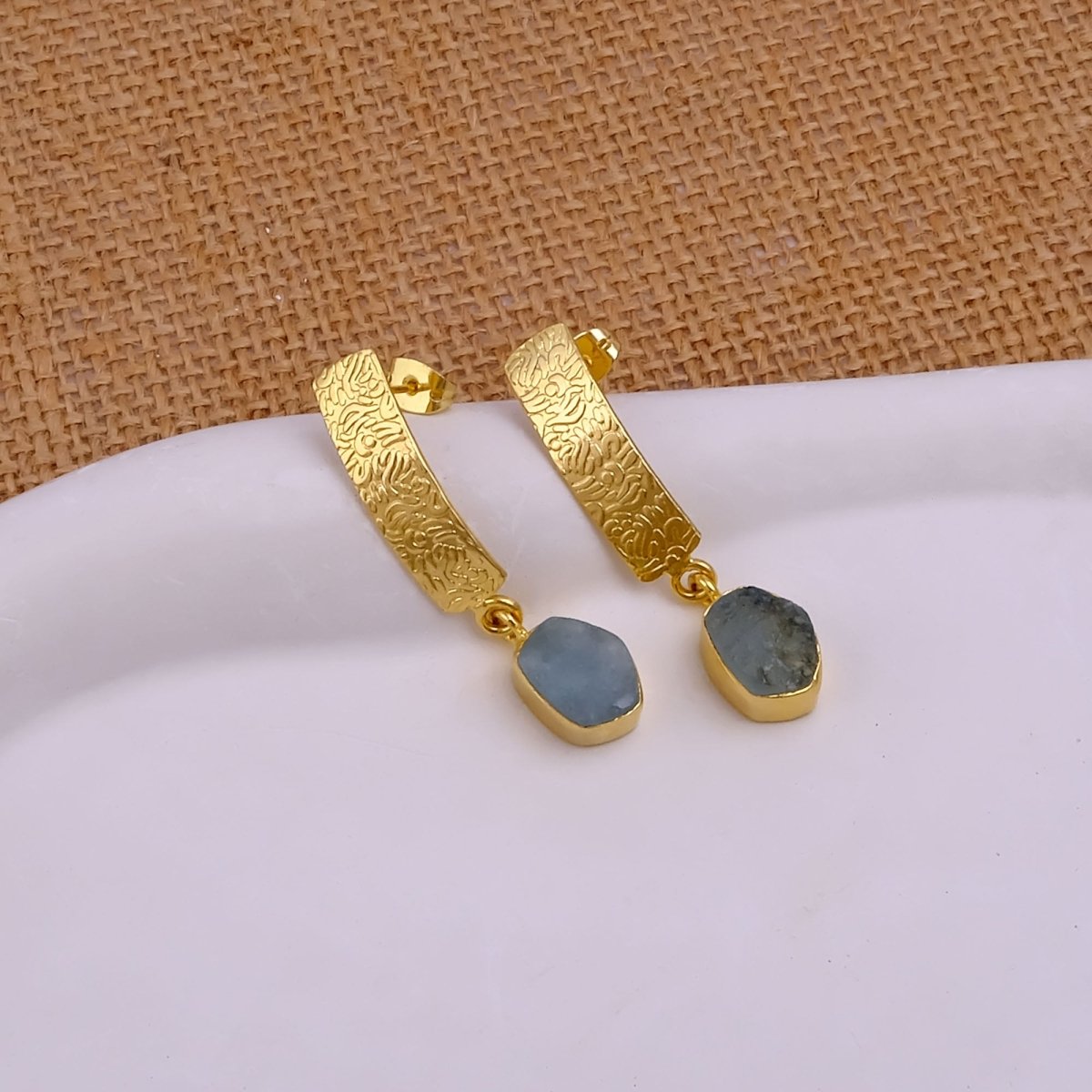 Natural Aquamarine Raw Stone Drop Earrings | Gold Plated Textured Brass Jewelry 5356