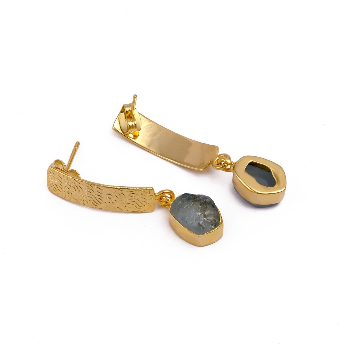 Natural Aquamarine Raw Stone Drop Earrings | Gold Plated Textured Brass Jewelry 5356