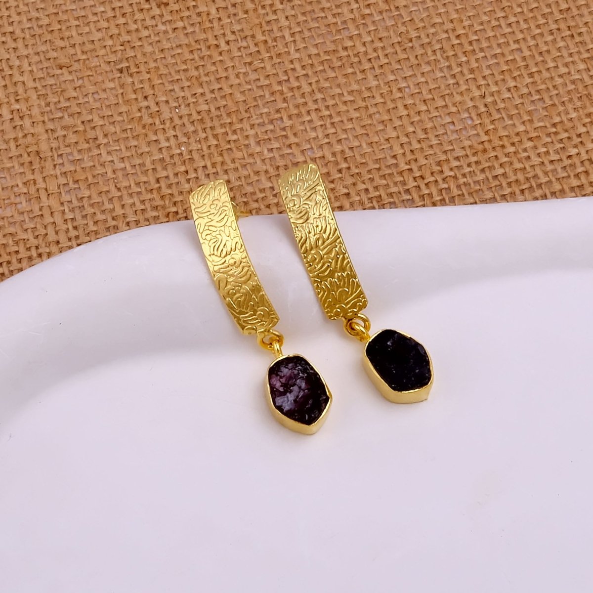 Natural Aquamarine Raw Stone Drop Earrings | Gold Plated Textured Brass Jewelry 5356