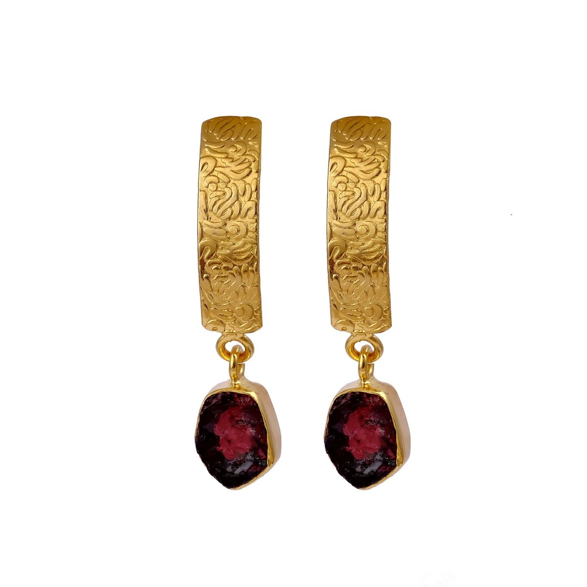 Natural Aquamarine Raw Stone Drop Earrings | Gold Plated Textured Brass Jewelry 5356