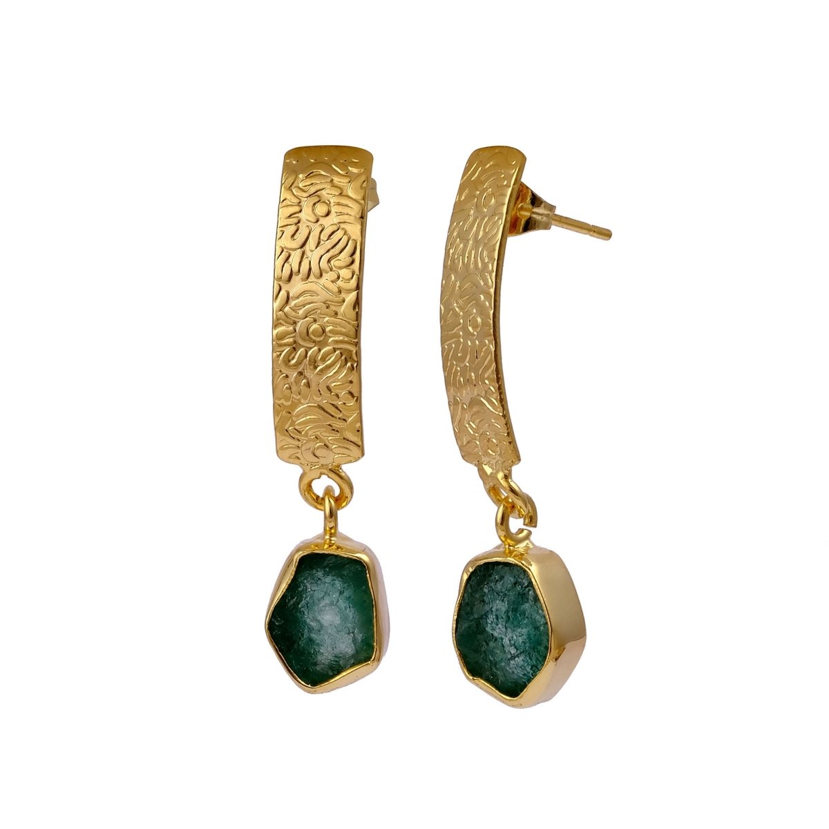 Natural Aquamarine Raw Stone Drop Earrings | Gold Plated Textured Brass Jewelry 5356