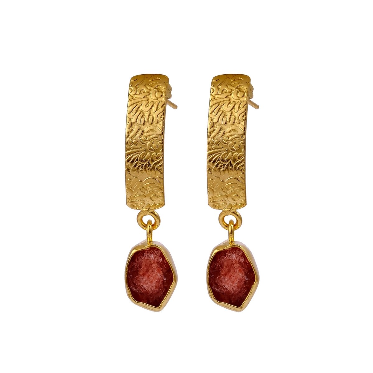 Natural Aquamarine Raw Stone Drop Earrings | Gold Plated Textured Brass Jewelry 5356
