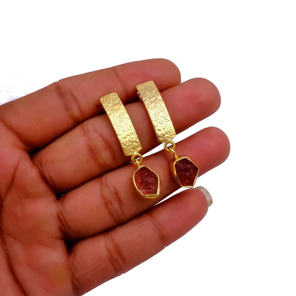 Natural Aquamarine Raw Stone Drop Earrings | Gold Plated Textured Brass Jewelry 5356