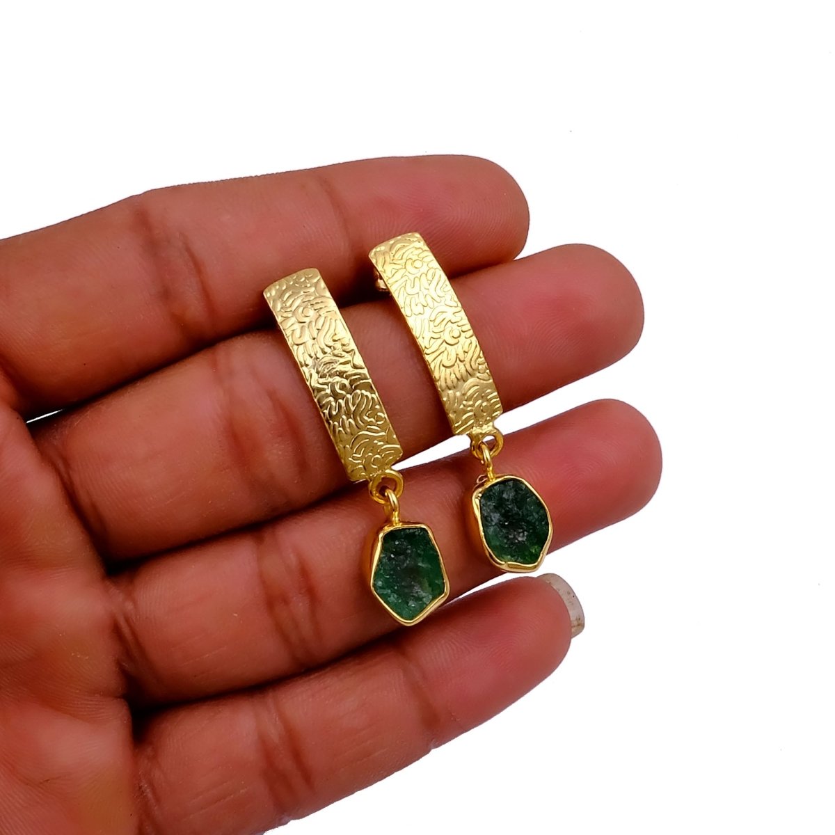 Natural Aquamarine Raw Stone Drop Earrings | Gold Plated Textured Brass Jewelry 5356
