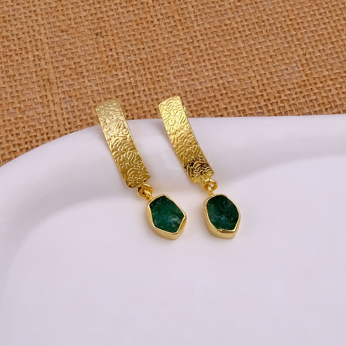 Natural Aquamarine Raw Stone Drop Earrings | Gold Plated Textured Brass Jewelry 5356