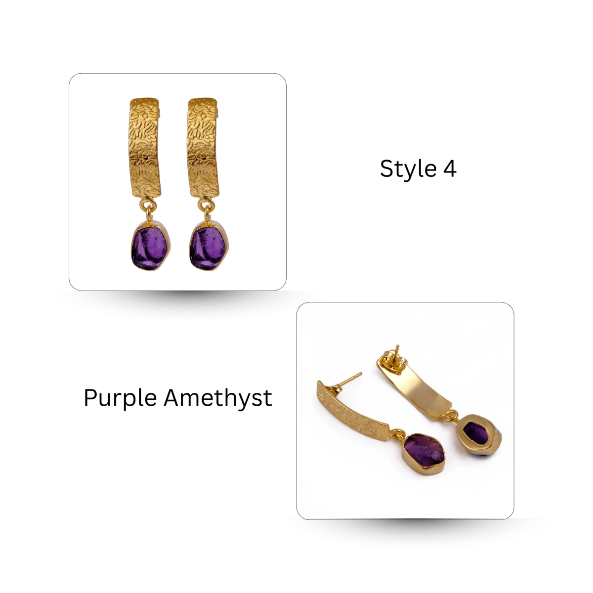 Natural Aquamarine Raw Stone Drop Earrings | Gold Plated Textured Brass Jewelry 5356 Purple Amethyst
