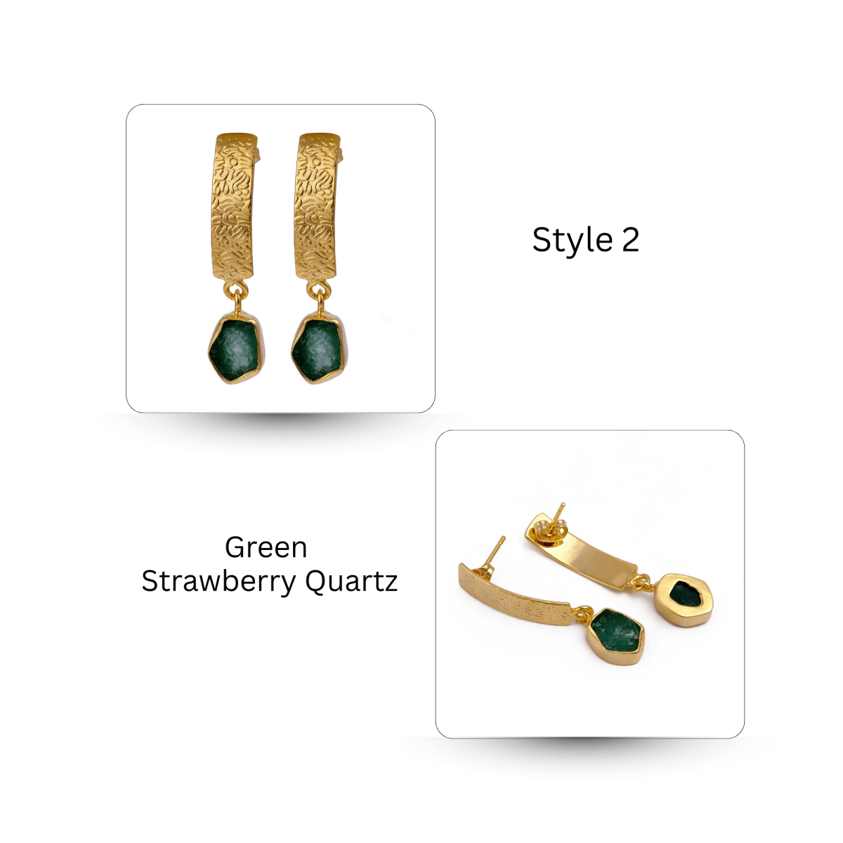 Natural Aquamarine Raw Stone Drop Earrings | Gold Plated Textured Brass Jewelry 5356 Green Strawberry Quartz