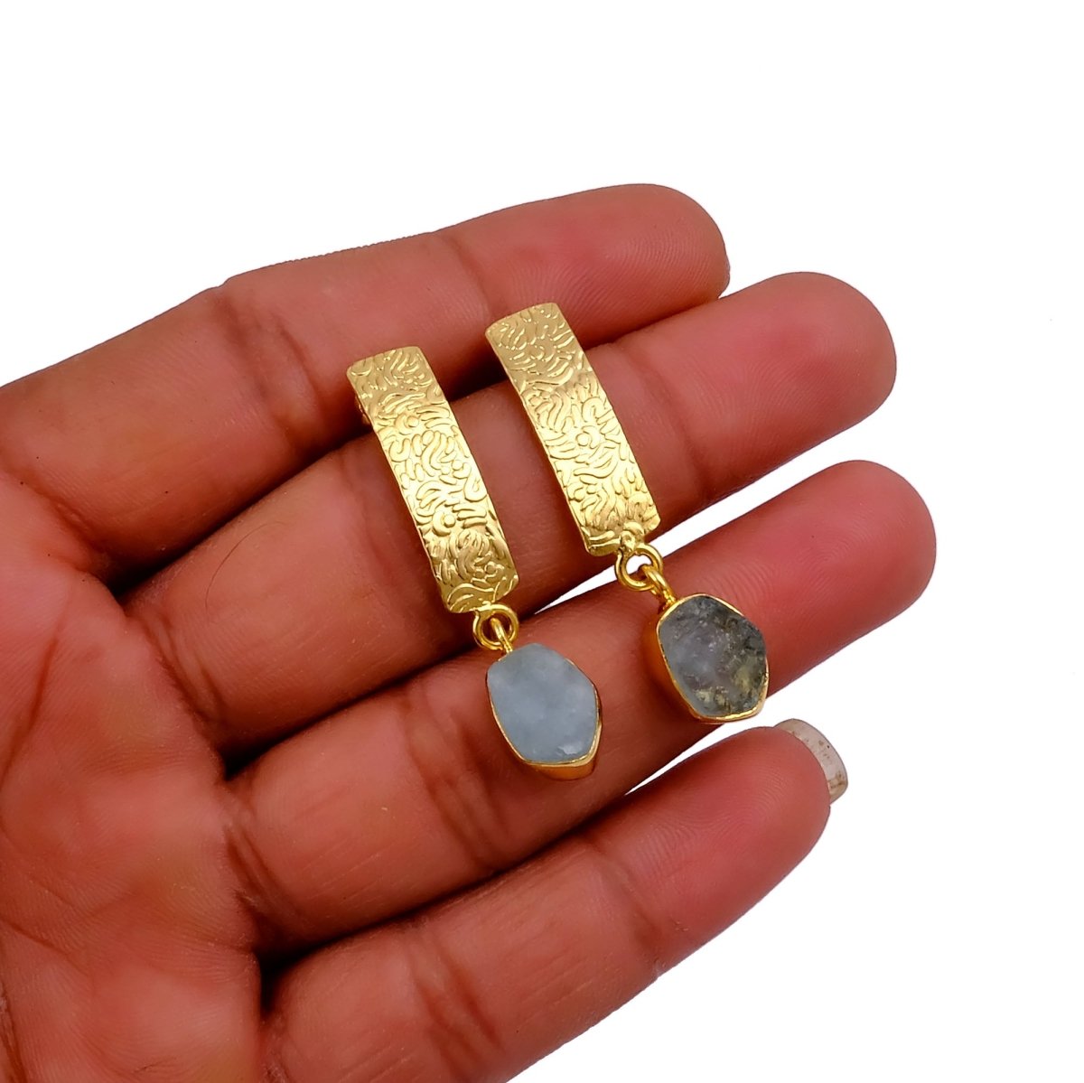 Natural Aquamarine Raw Stone Drop Earrings | Gold Plated Textured Brass Jewelry 5356