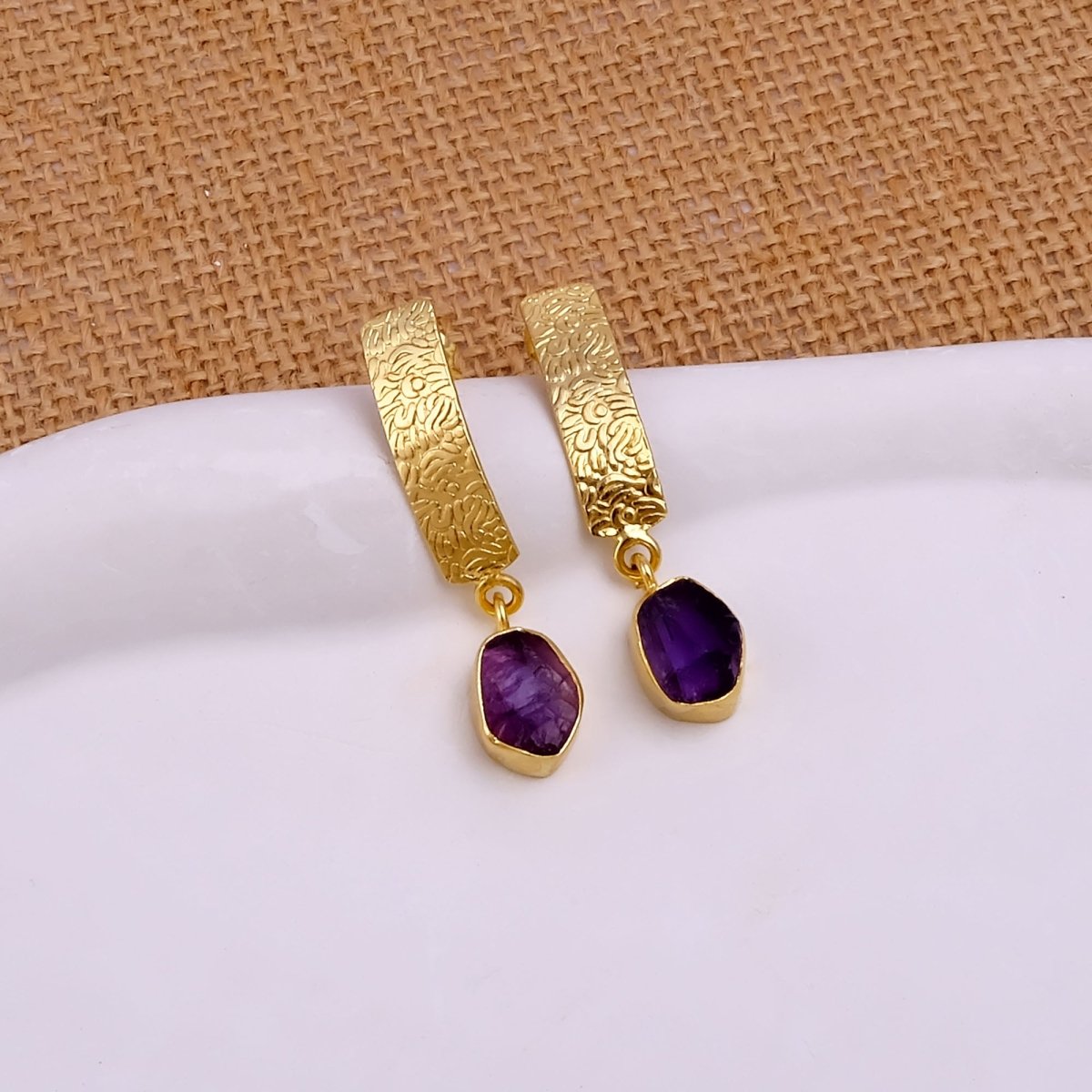 Natural Aquamarine Raw Stone Drop Earrings | Gold Plated Textured Brass Jewelry 5356