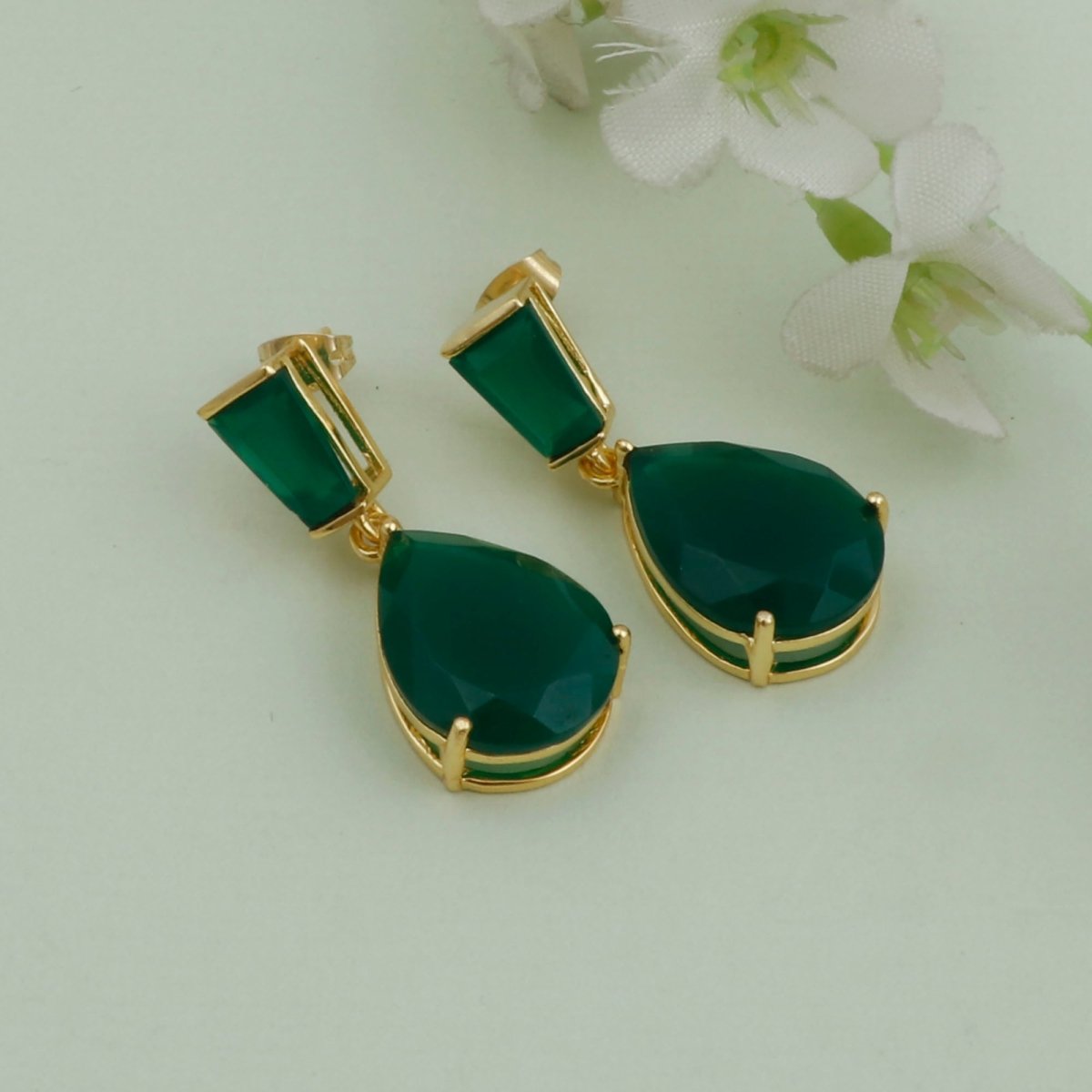 Natural Black Onyx Earring Gold Plated Pear Drop Stud Earrings Green Onyx