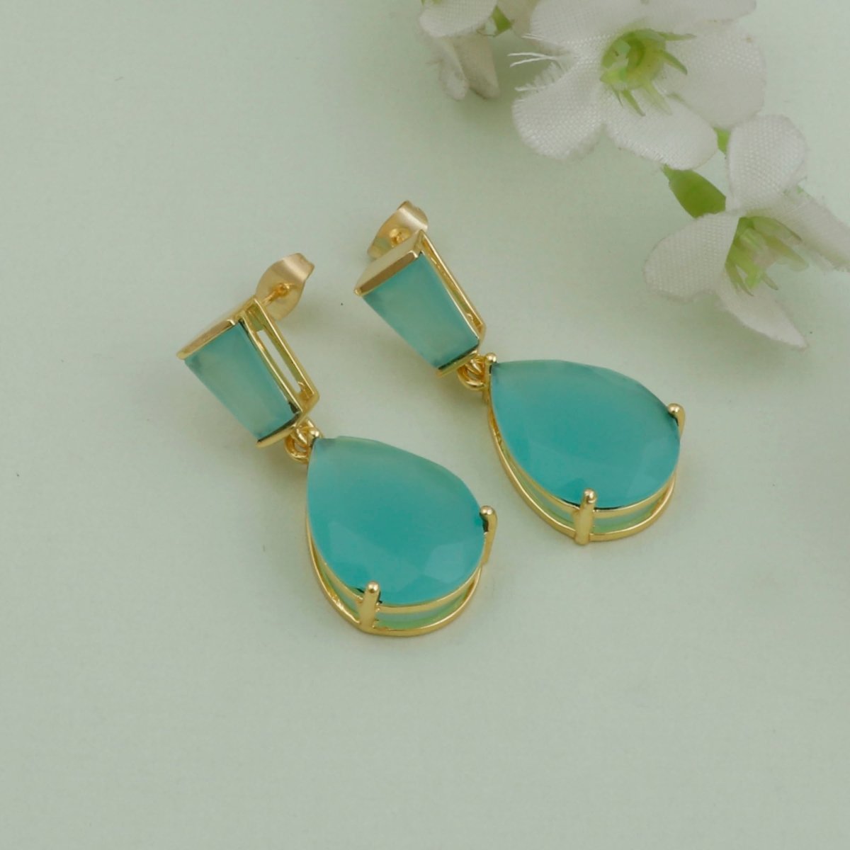 Natural Black Onyx Earring Gold Plated Pear Drop Stud Earrings Aqua Chalcedony