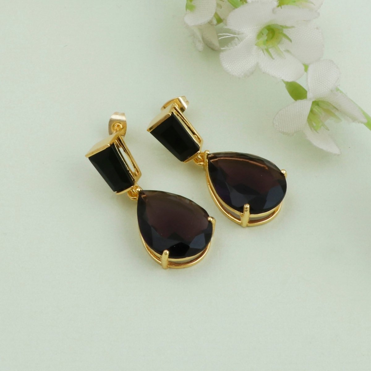 Natural Black Onyx Earring Gold Plated Pear Drop Stud Earrings