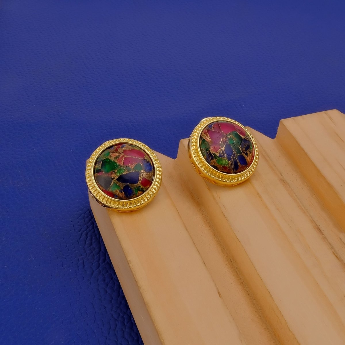 Natural Blue Sapphire Mohave Stud Earrings, Round Gemstone Bezel Set CE-1010