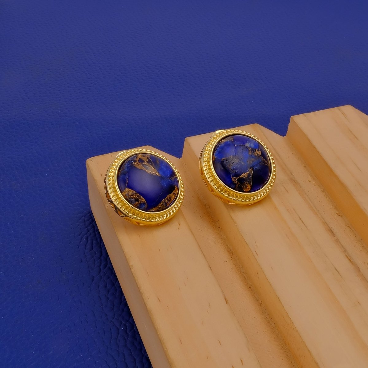 Natural Blue Sapphire Mohave Stud Earrings, Round Gemstone Bezel Set CE-1010