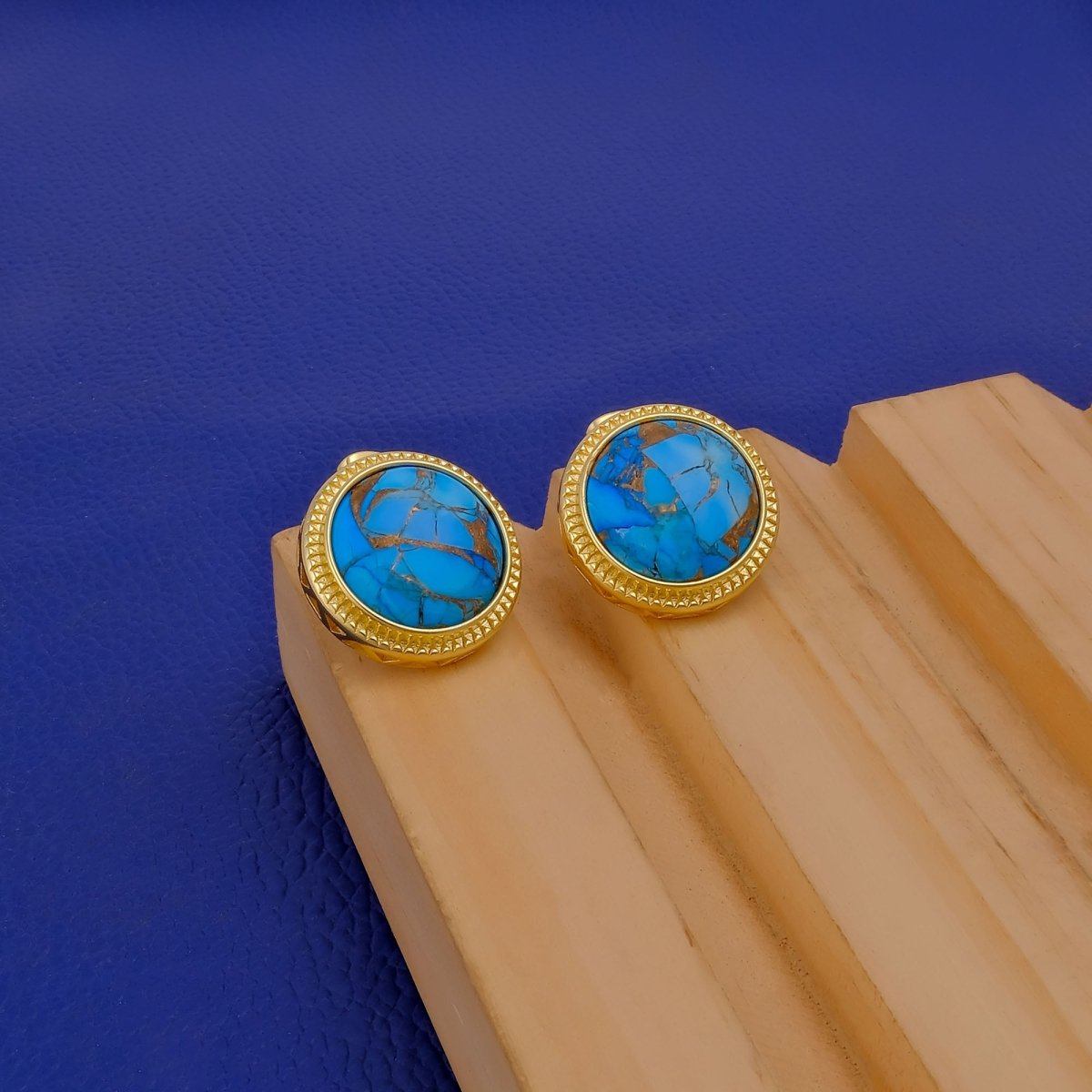 Natural Blue Sapphire Mohave Stud Earrings, Round Gemstone Bezel Set CE-1010