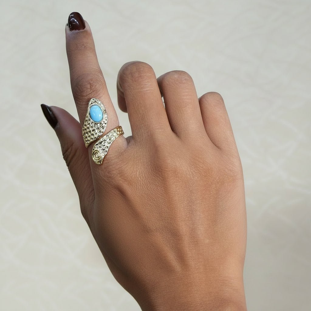 Natural Blue Turquoise Gemstone With Gold Plated Hammered Style Statement Rings CR - 1015