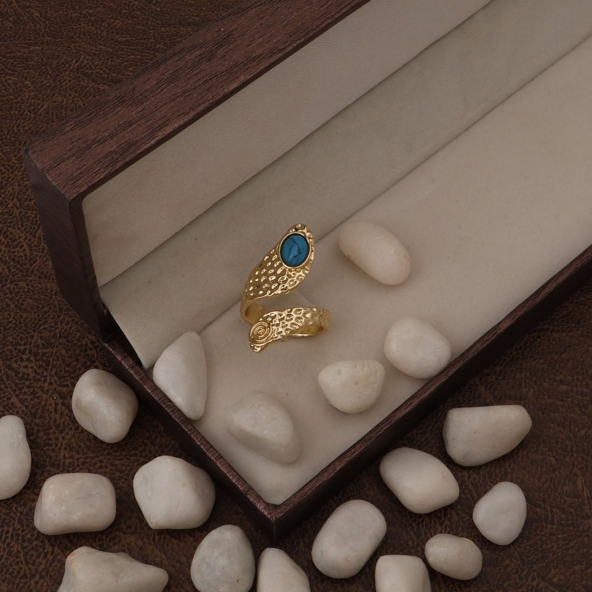 Natural Blue Turquoise Gemstone With Gold Plated Hammered Style Statement Rings CR - 1015