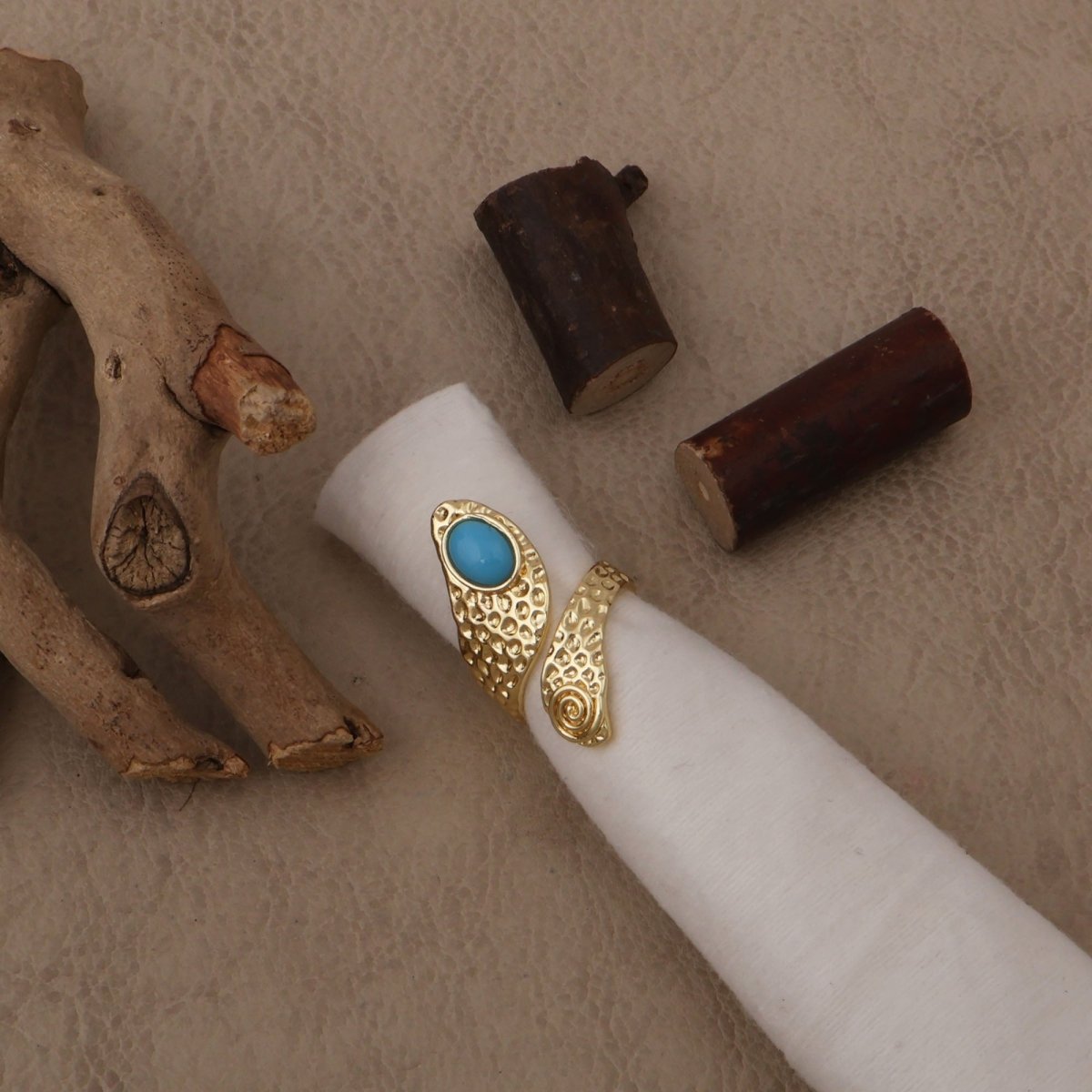 Natural Blue Turquoise Gemstone With Gold Plated Hammered Style Statement Rings CR - 1015