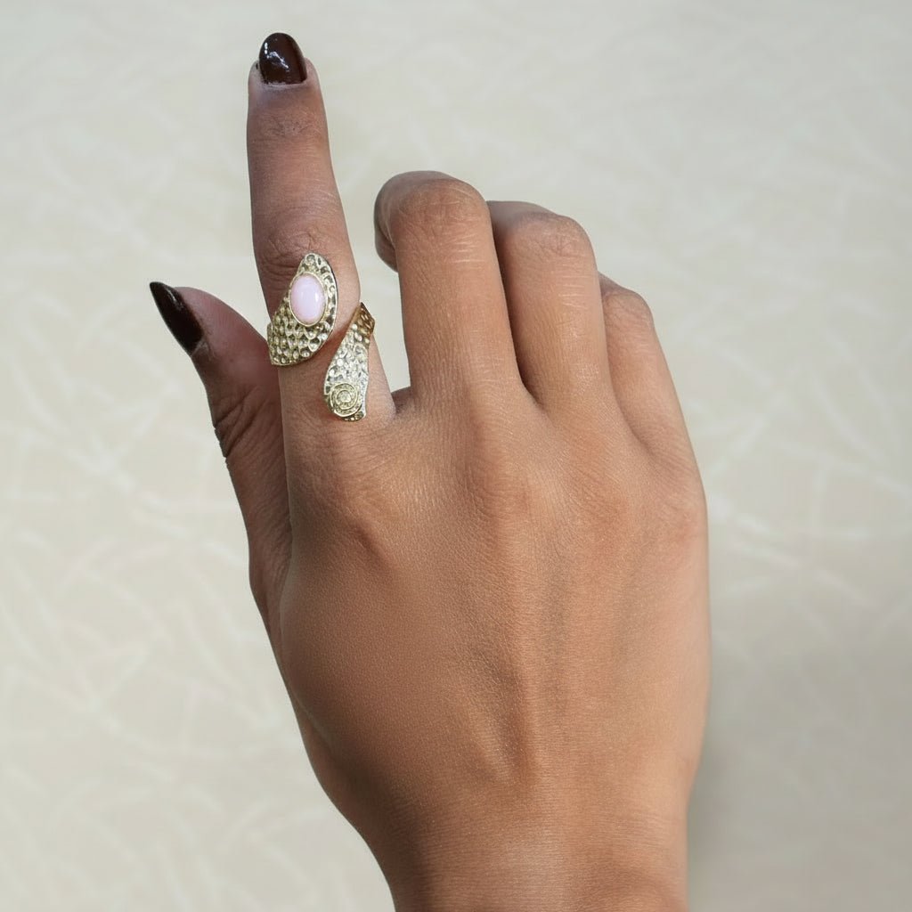 Natural Blue Turquoise Gemstone With Gold Plated Hammered Style Statement Rings CR - 1015