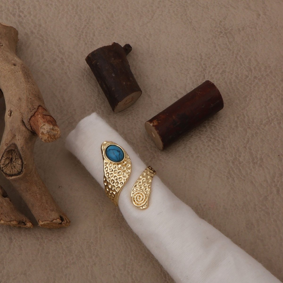 Natural Blue Turquoise Gemstone With Gold Plated Hammered Style Statement Rings CR - 1015
